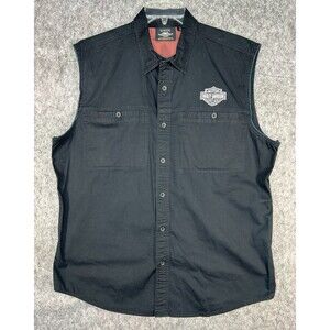 Harley Davidson Black Motorcycle Vest Button Up US Flag Shirt Sz XL Distressed
